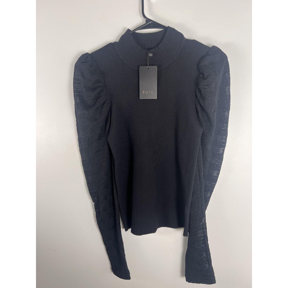 NWT! Fate SM Black Mock Neck Puff Sleeve Knit Romantic Goth Minimal Elegant‎